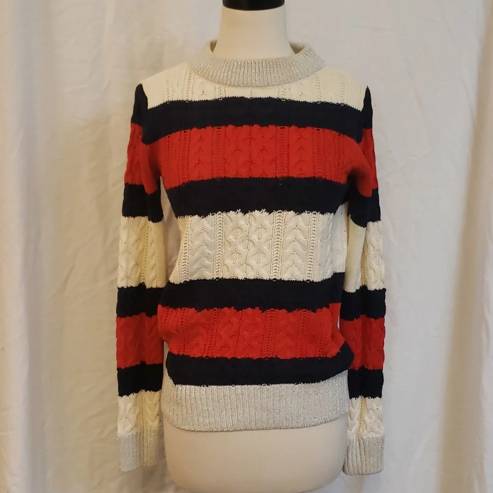 BLUE RED CREAM STRIPED COLOR BLOCKED SWEATER SILVER SPARKLE ACCENT CABLE KNIT